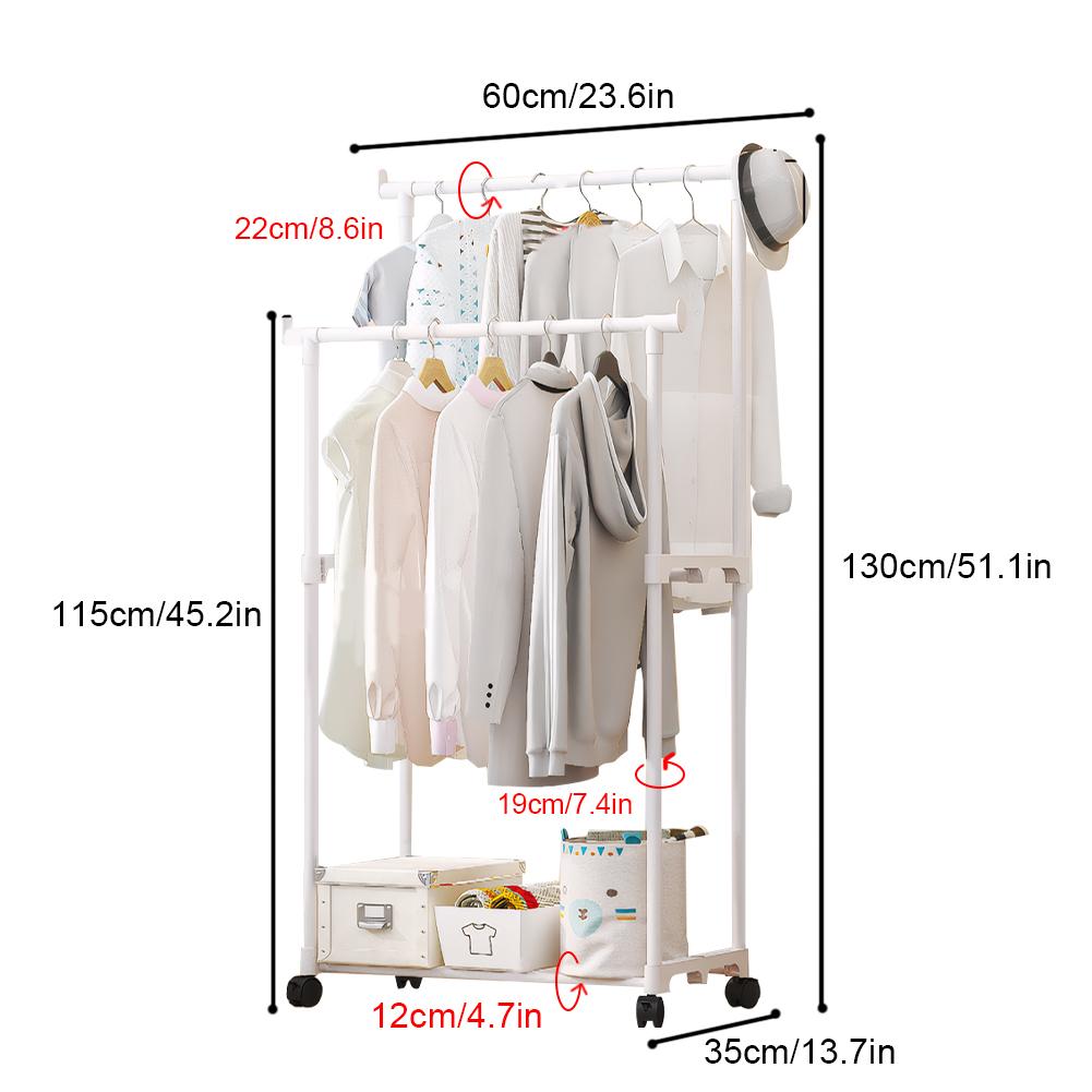 Double Rods Garment Rack with Wheels Portable Clothes Organizer Clothes Rack for Hanging Clothes Rack for Bedroom & Living Room