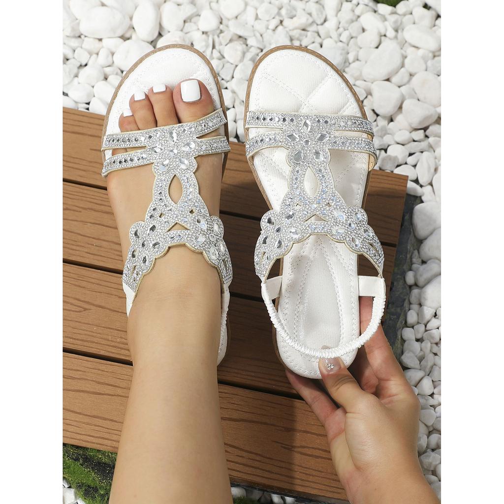 Women's Flat Rhinestone Sandals Bohemian Sandals Summer Non Slip Beach Elastic Low Heels Roman Sandals Sandalias