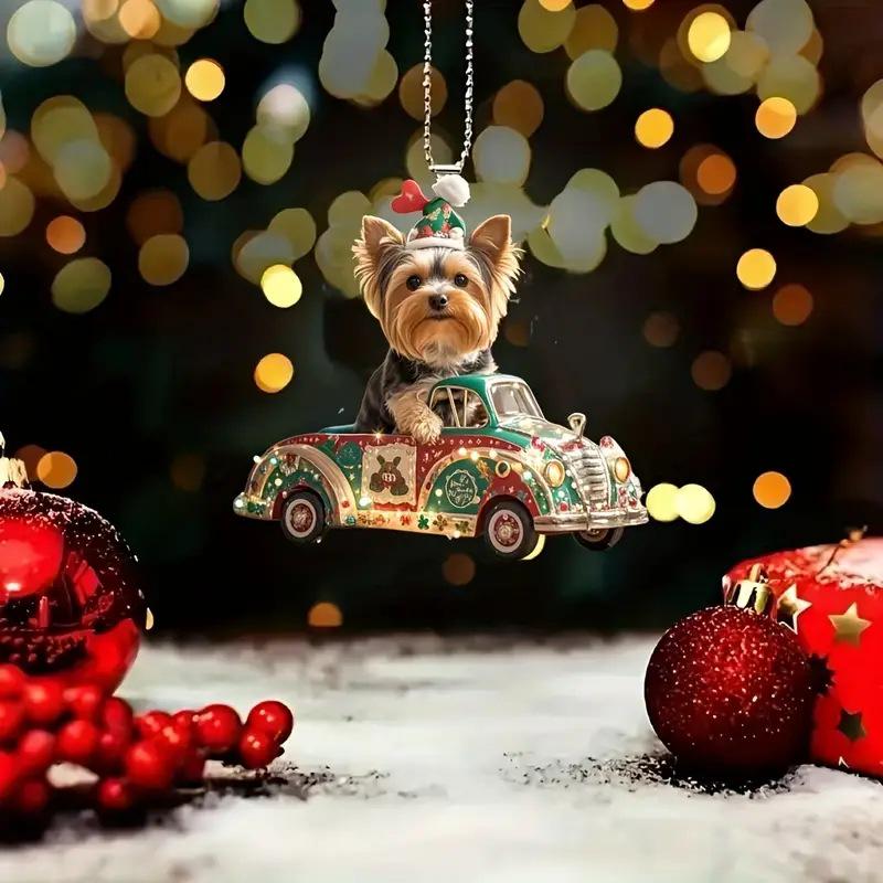 Christmas Yorkie Dog Acrylic Pendant for Car Rearview Mirror