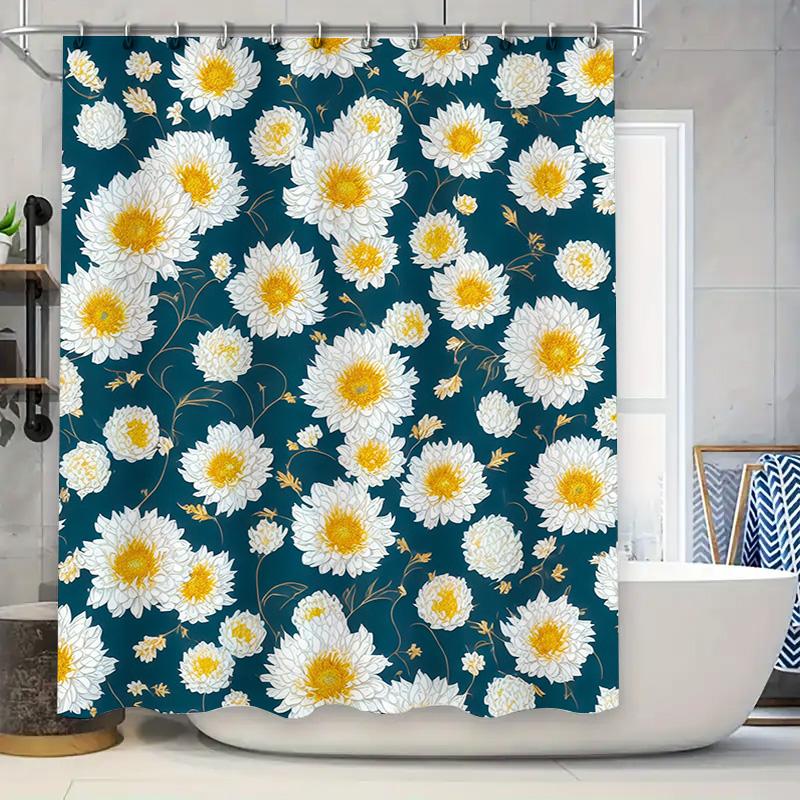 

Modern Floral Print Bath Shower Curtain, Waterproof Fabric, Home Decor in Blue with White Flowers for Bathroom Decoration X-Larg 90x180cm