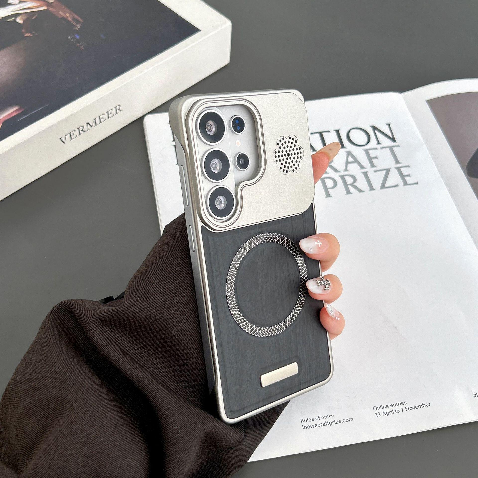 Cross-border S26 Ultra Wood Grain Borderless Phone Case: S25 Plus Magnetic Metal Anti-Drop S24 Protective Case S23 Ultra