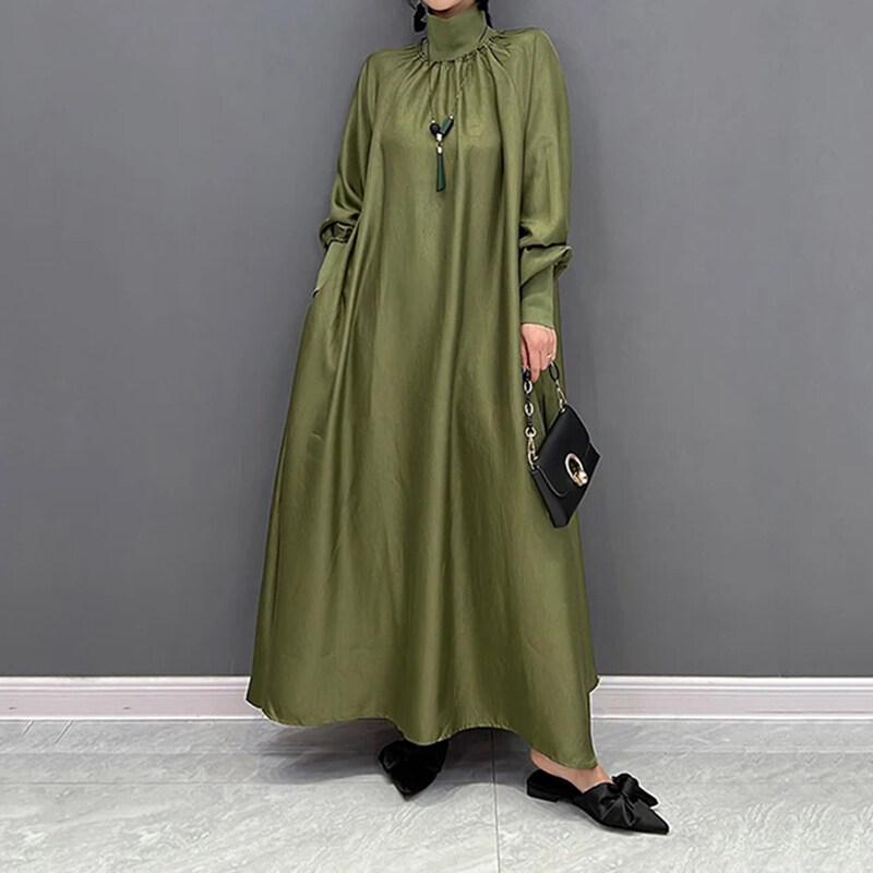 

Xitao Плиссированное модное однотонное повседневное свободное платье DZL2167 One Size зелёный