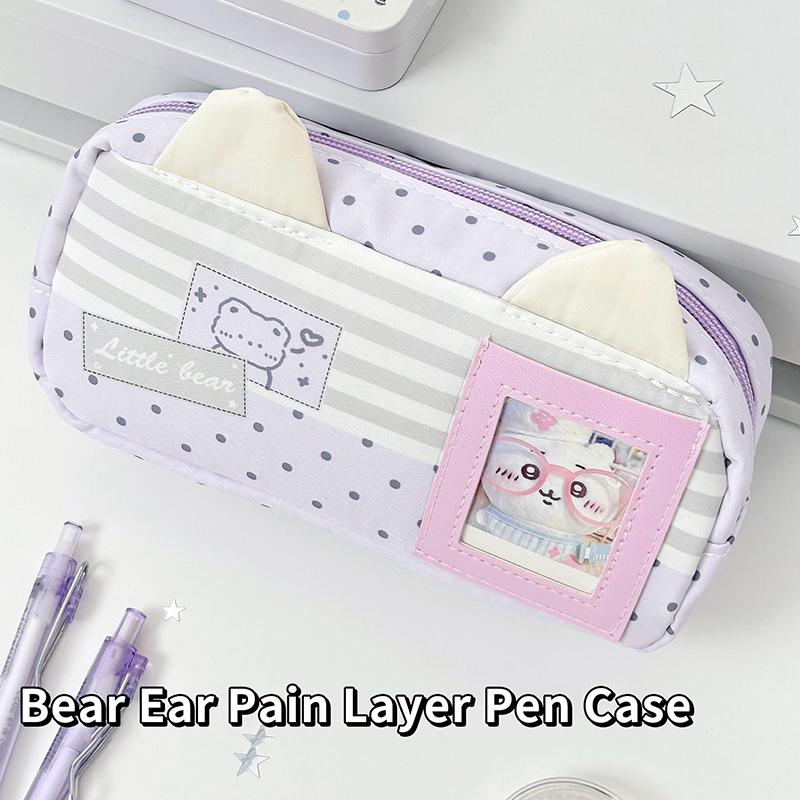 Cute Bear Ear Pencil Case With Photo Display Slot For Students School Study Office Stationery Storage