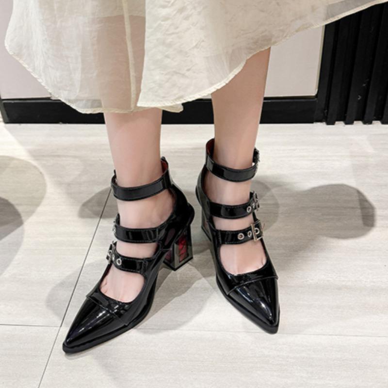 Spring New Coarse Heel Shoes Women Pointed Head Shallow Mouth Rivets Metal Buckle Line Belt High Heels