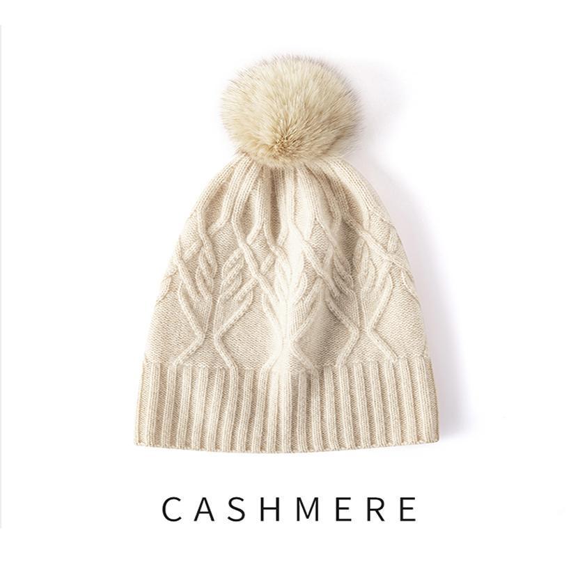 Cashmere Hat with Detachable Fox Fur Pompom, Cable Knit, Warm Ear Protection, Street Style for Autumn & Winter