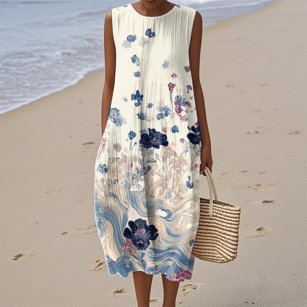 Women's Fashion Casual Sleeveless Round Neck Floral Elegant Temperament Dress