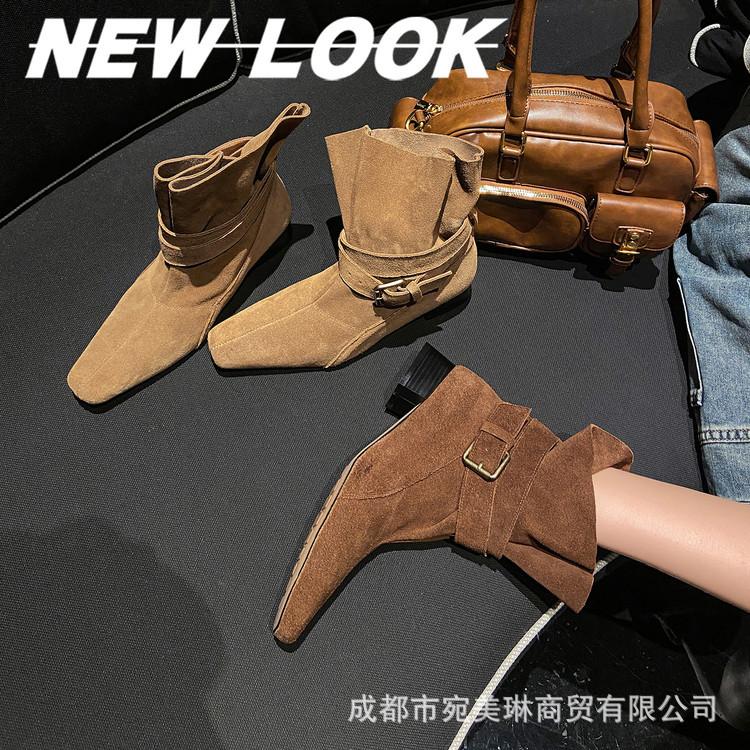 French retro polished matte cowhide short boots, foreign trade new square head and ankle thick heel belt buckle Chelsea boots