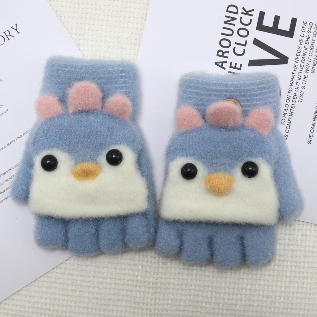 Kids' Warm Knitted Wool Half-Finger Flip-Top Gloves – Cute Chick Design for Writing in Winter
