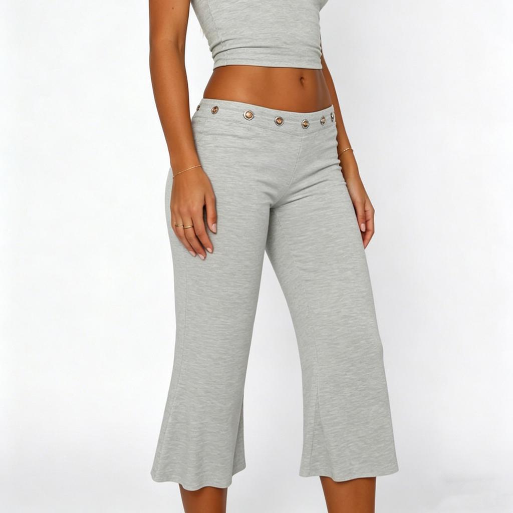 Women Slim Fit Flared Capri Pants Seven Quarter Length Casual Streetwear Sport Trousers with Waist Eyelet Detail