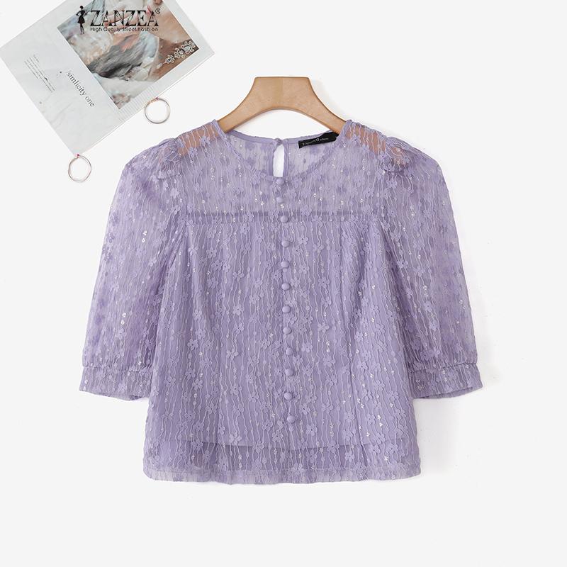 ZANZEA Womens Casual Hollow Lace Patchwork Summer 3/4 Sleeve Blouse