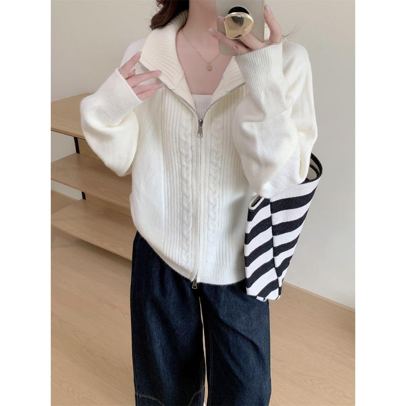 Autumn and winter new simple stand-up collar twist double zipper knitted cardigan women's loose lazy sweater jacket