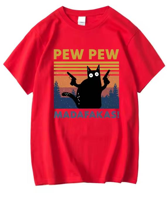 Pew Pew Madafakas Tshirt Unisex Short Sleeve Novelty Funny Cat T Shirt Cotton Loose Tops Shirts Tee Tshirt Crew Neck Streetwear
