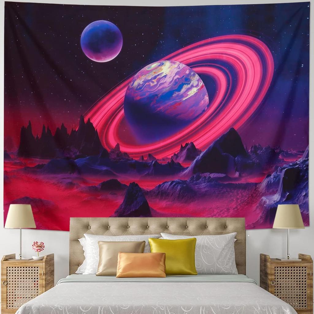 Leofanger Tapiz de planeta trippy con luz negra, tapiz de pared de montaña reactivo a los rayos UV, tapiz espacial de galaxia, cielo nocturno