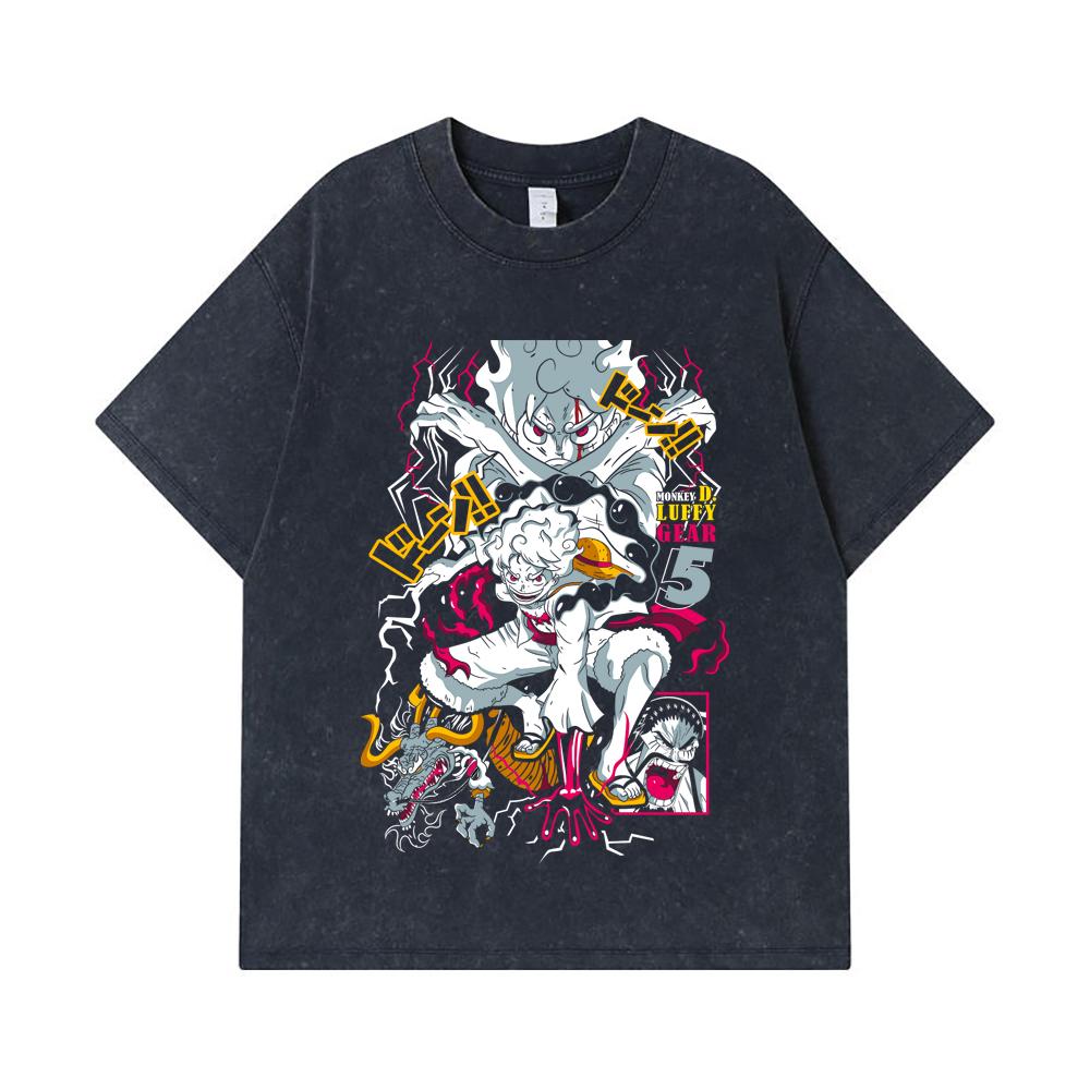 275 GSM Washed T-shirts 100% Cotton One Piece V23 Luffy Gear Print Unisex Heavy Cotton T Shirt