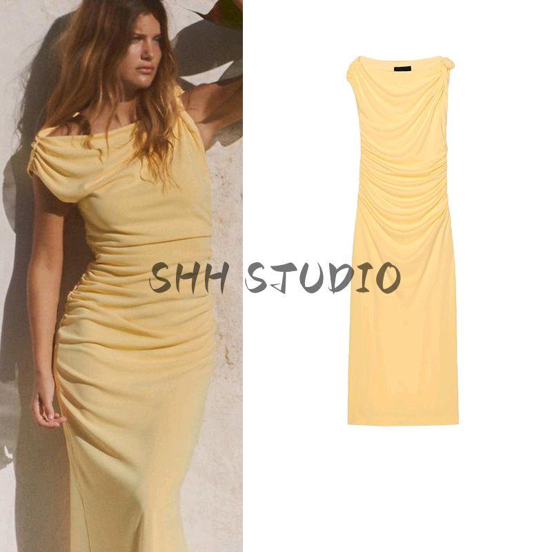 Spring New Women's Clothing French Vacation Style Minimalist Ruched Asymmetric Midi Skirt Dress 2477262