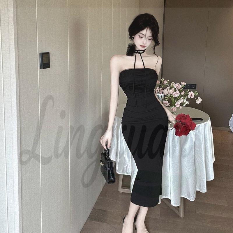 Elegant Mesh Pleated Slimming Gown - High-End Waist-Cinched Long Dress Small чёрный