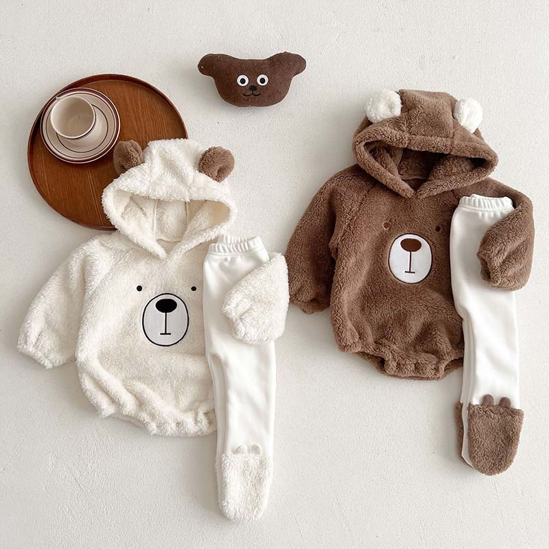 Kids Clothes Cute Bear Baby Romper Autumn Winter Plus Velvet Hooded Crawl Suit Soft Warm Tops Trousers Toddler Clothing Set