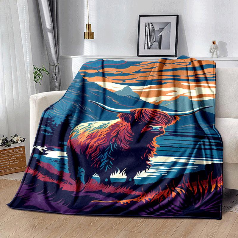 1pc Highland Cow Printing Lightweight Flannel Blanket, Comfortable and Warm Blanket, for Camping Sofa Bed and Couch Office, in All Seasons