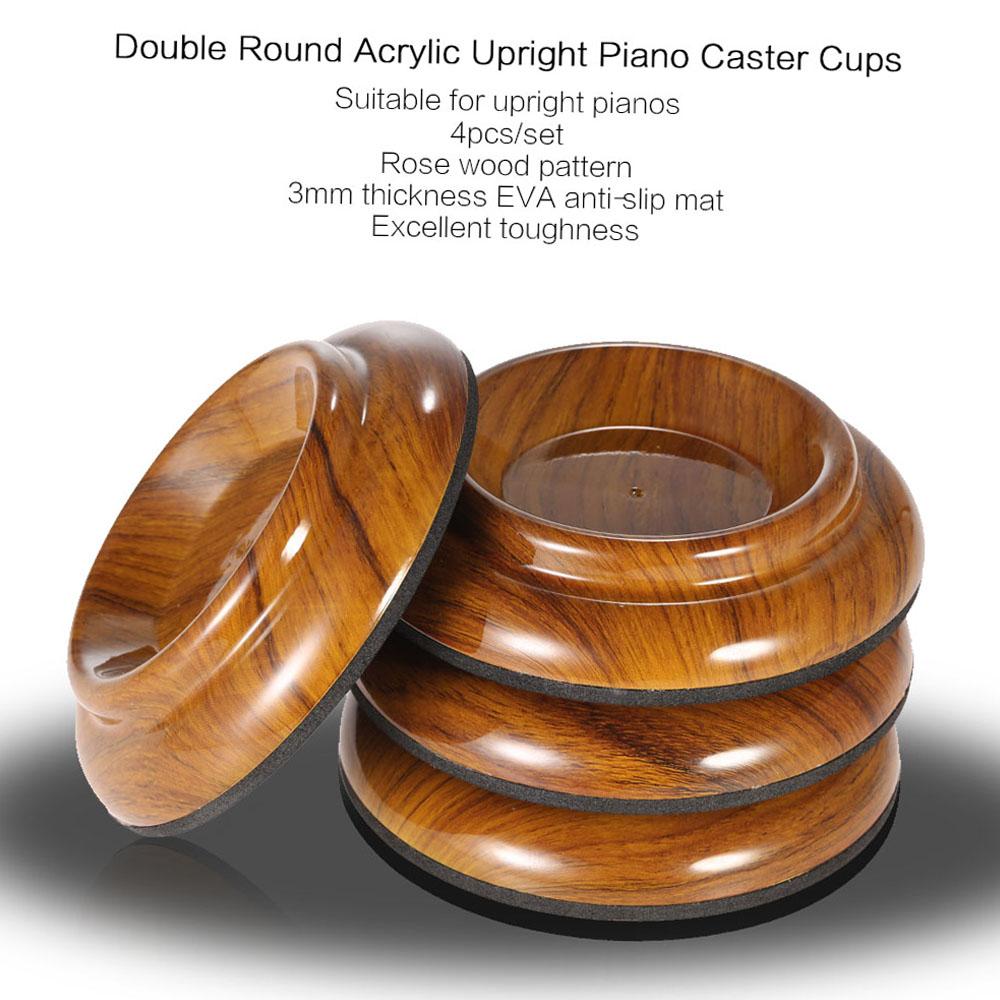 4pcs set Double Round Acrylic Upright Piano Caster Cups w  Rose Wood Pattern & EVA Anti slip Mat