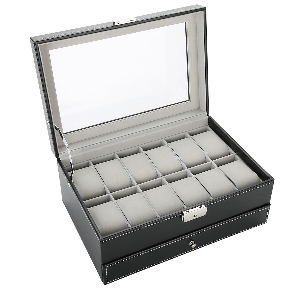 Double Layer PU Lther Wood Watch Holder, Watch Display Case Jewelry  Storage Box, Wristwatch Display Case for Rings rrings Bracelet Necklace 11.8 X 8.