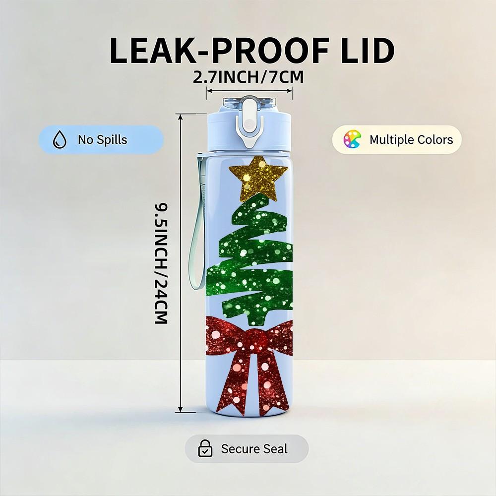 1PC Red Bow Christmas Tree Print 750ml Color Plastic Sports Water Bottle Leakproof Flip Straw Lid Suitable for Sports Office Home Use