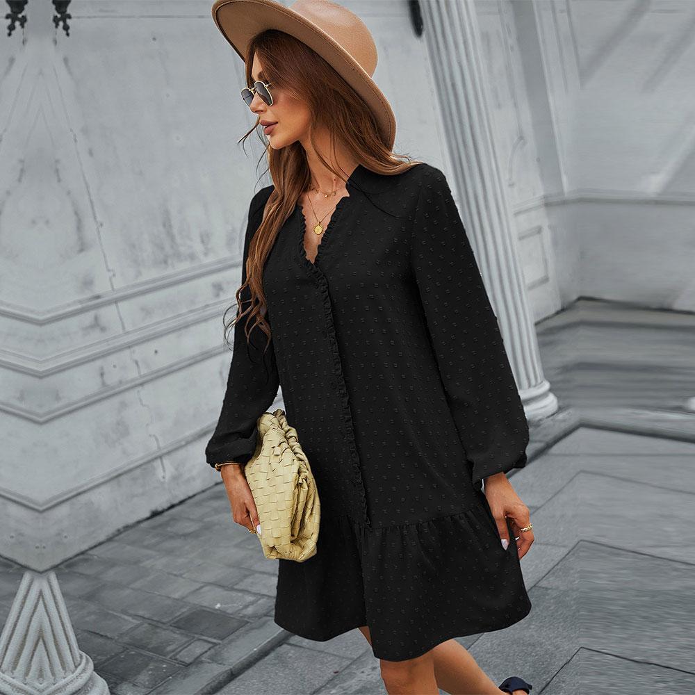 Jaro léto jednobarevné žakárové pro ženy ležérní jednoprsový výstřih do V s plným rukávem dámské šaty ke kolenům