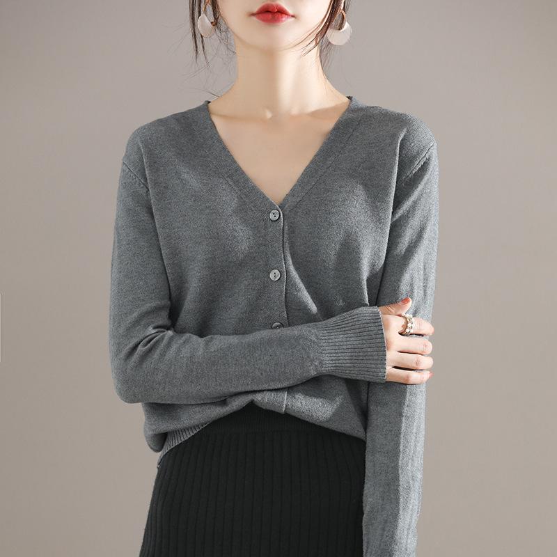 Autumn Winter Casual Fashion Solid Color V-neck Cardigan Coat Women All-match Bottomed Knitting Top