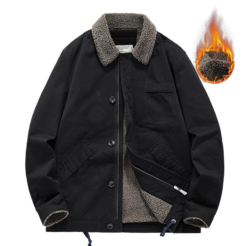 Men's Winter Fleece-Lined Lapel Military Jacket - Loose Fit Lambswool Coat