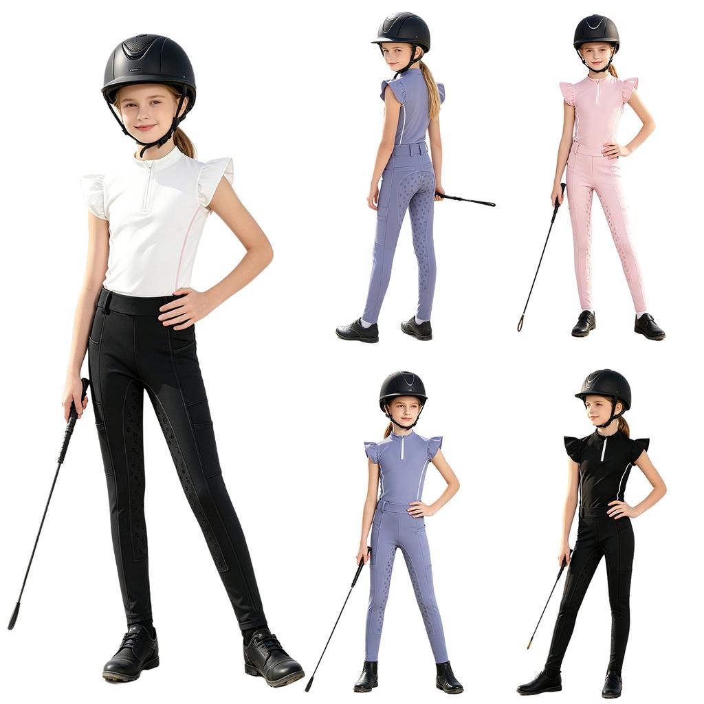Mädchen Reitsport Reiten Reißverschluss Stehkragen Rüschenärmel Kontrastbesatz Oberteil Anti-Rutsch Vollbesatz Reithose Outfit
