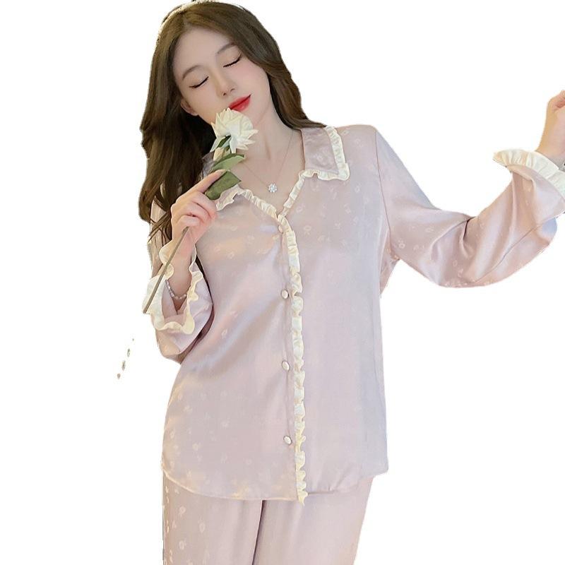 Cute Girl Princess Style New Long-Sleeved Ice Silk Pajamas Women'S Summer Sweet Lace Loungewear Two-Piece Set
