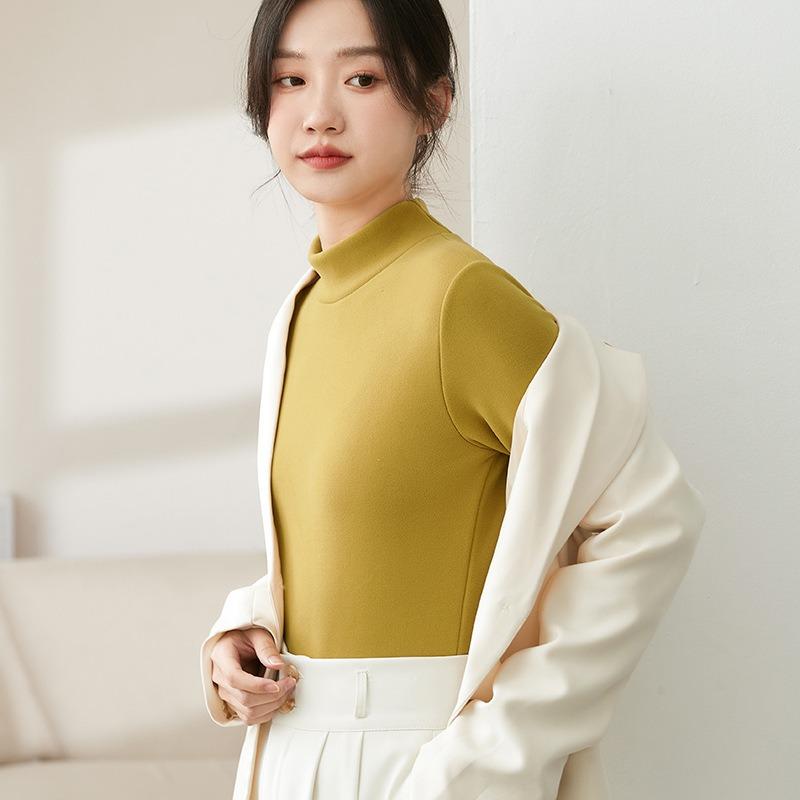 Fleece semi-turtleneck German velvet bottoming shirt for women's autumn and winter new thickened interior, high-end sense, black middle collar warm