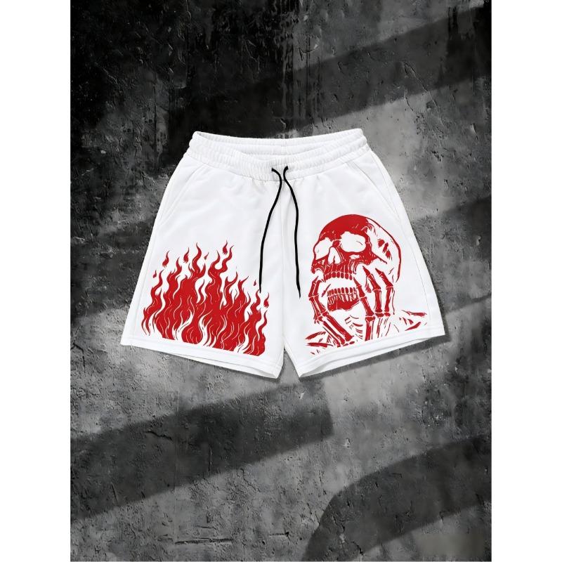 European and American Men's Summer Flame Skull Print Comfortable and Breathable Drawstring Shorts for Outdoor Leisure Vacation