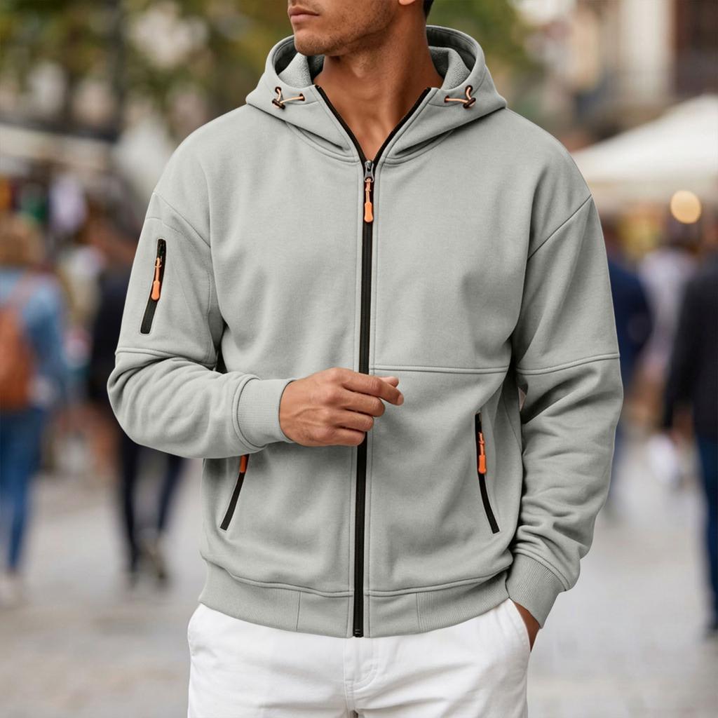 Men's Casual Long Sleeve Hooded Zip-Up Sweatshirt with Multiple Pockets and
