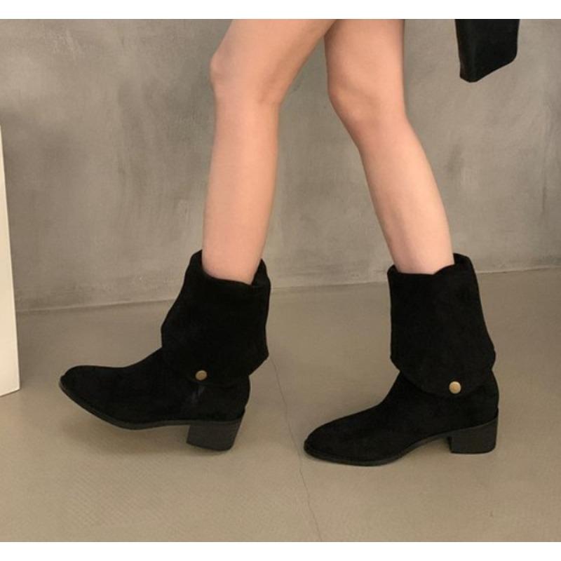 Fashion New Popular Retro Style Fold Button Women Knee-High Boots Fashion Pointed Toe Square Heels Casual Ladies Shoes Zapatos De Mujer