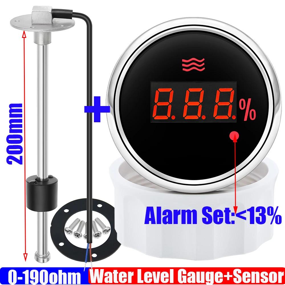 Wasserdichter 0~100% Digitaler 52mm Wasserstandsanzeiger mit Alarm 0-190ohm Wasserstandssensor 100-600mm für Auto Boot Yacht Benutzerdefiniert Rot