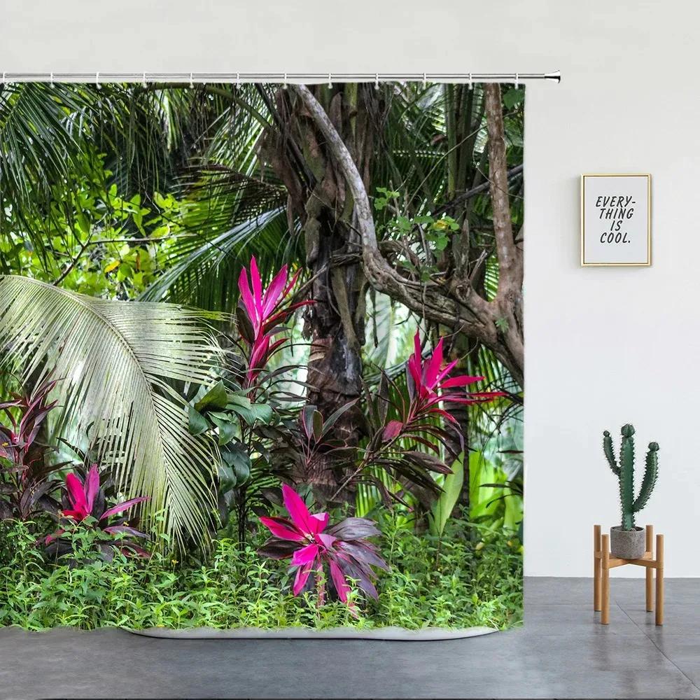 Tropischer Regenwald Duschvorhänge Waldpflanzen Rustikale Naturlandschaft Badevorhang Gartenwandbehang Badezimmer Dekor Haken