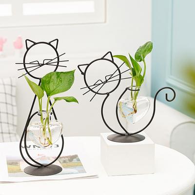 Vaso a forma di cuore in vetro idroponico con supporto in metallo, vernice per cottura ad alta temperatura saldata a mano, forma di gatto adorabile, carina e dinamica