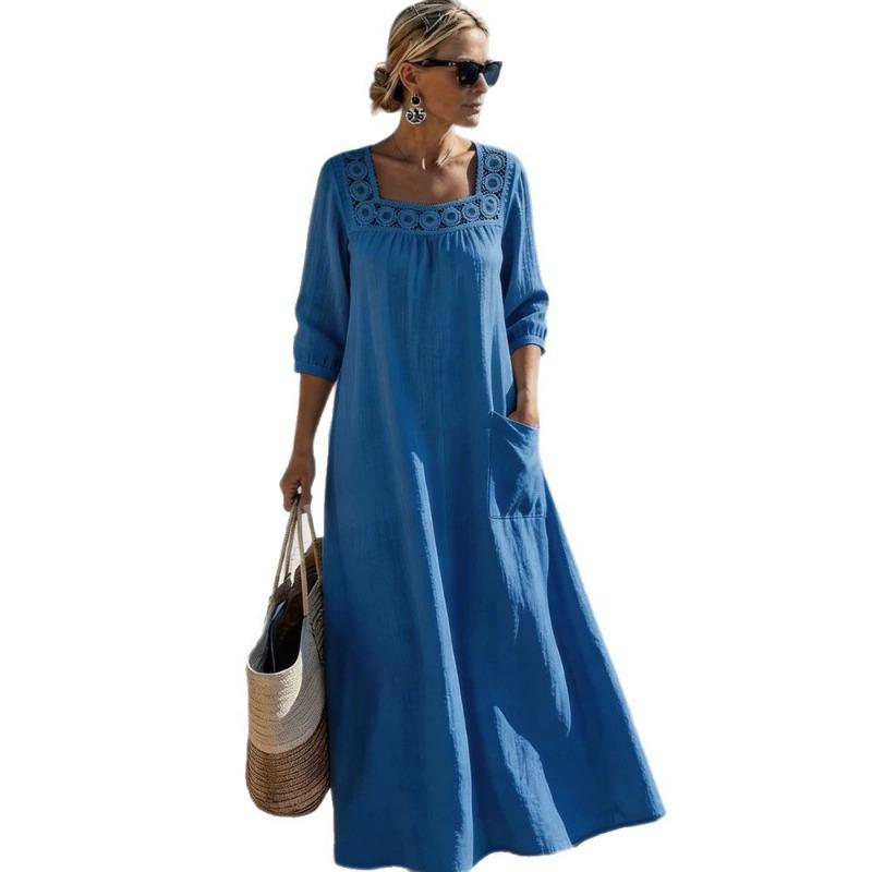 Casual Square Neck Three Quarter Sleeve Solid Color Womens Loose Long Maxi Dress