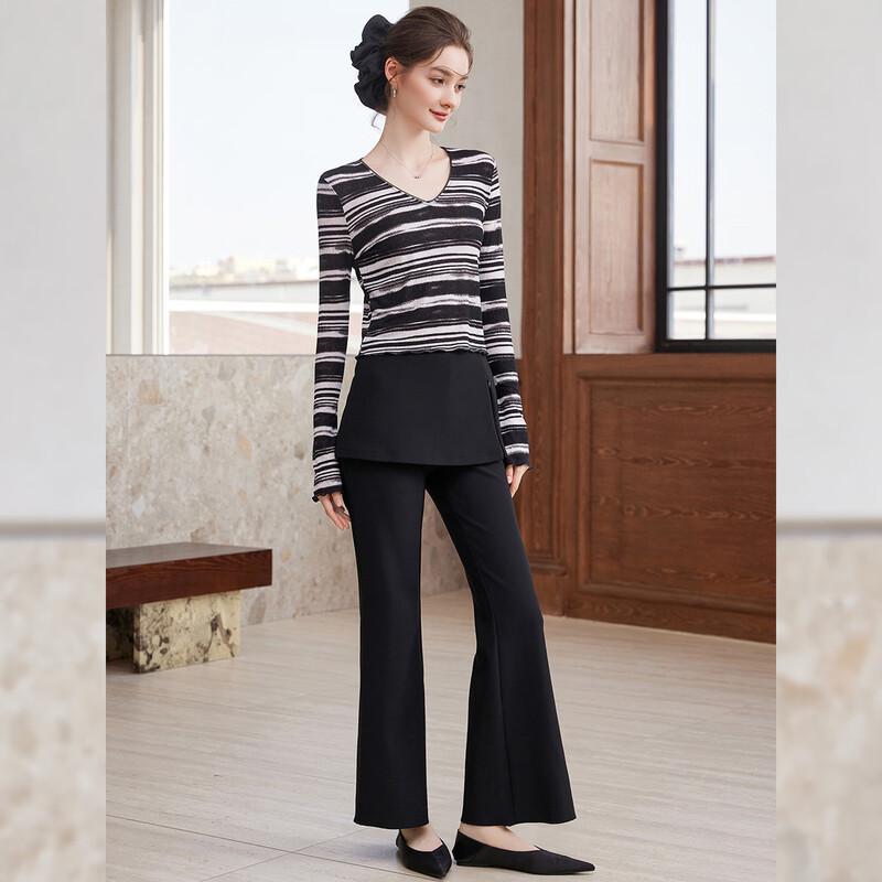 Bailuyu Women's Striped V-neck Flared Sleeve T-shirt