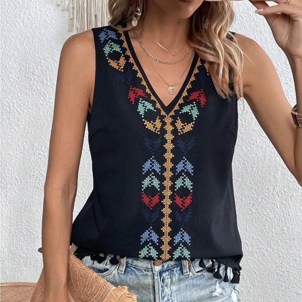 

2024 Европейский и американский трансграничный женский летний жилет с бородой в этническом стиле с v-образным вырезом и вышивкой по краю Amazon, 2024 г. XXL чёрный