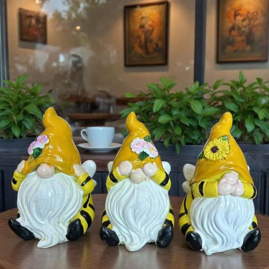 3 Pcs Spring Garden Gnome Figurines Hear See Speak No Evil Flower Gnome Statue Small Resin Dwarf Table Ornament for Porch Garden Yard Home Desk Decor
