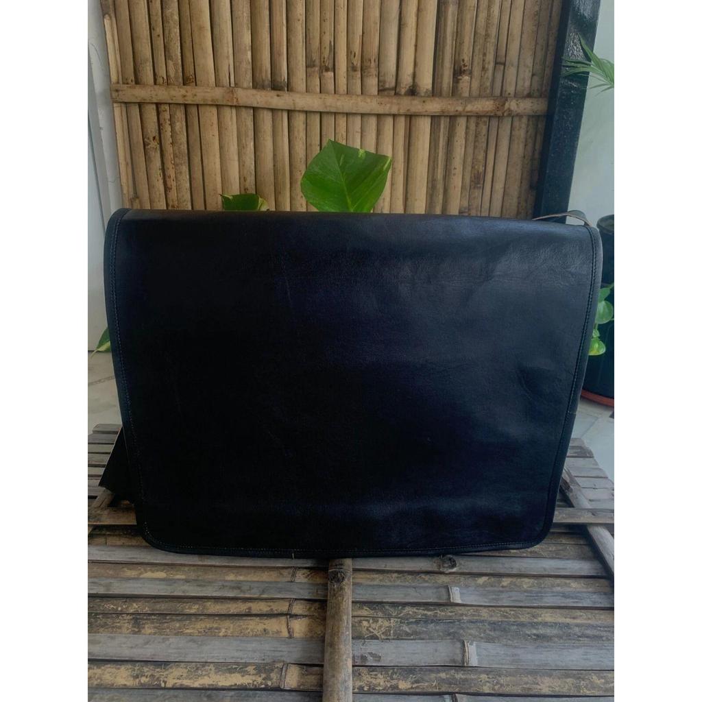 New Men Real Leather Vintage Messenger Shoulder Laptop Black Bag (Free Side Brown Bag Size - 9 X 7 X 3 In )