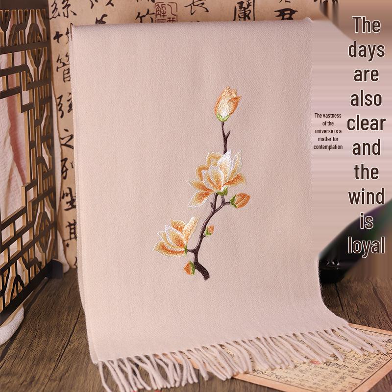 Double-Sided Suzhou Embroidery Pure Wool Scarf - Chinese Style for Mature & Elderly