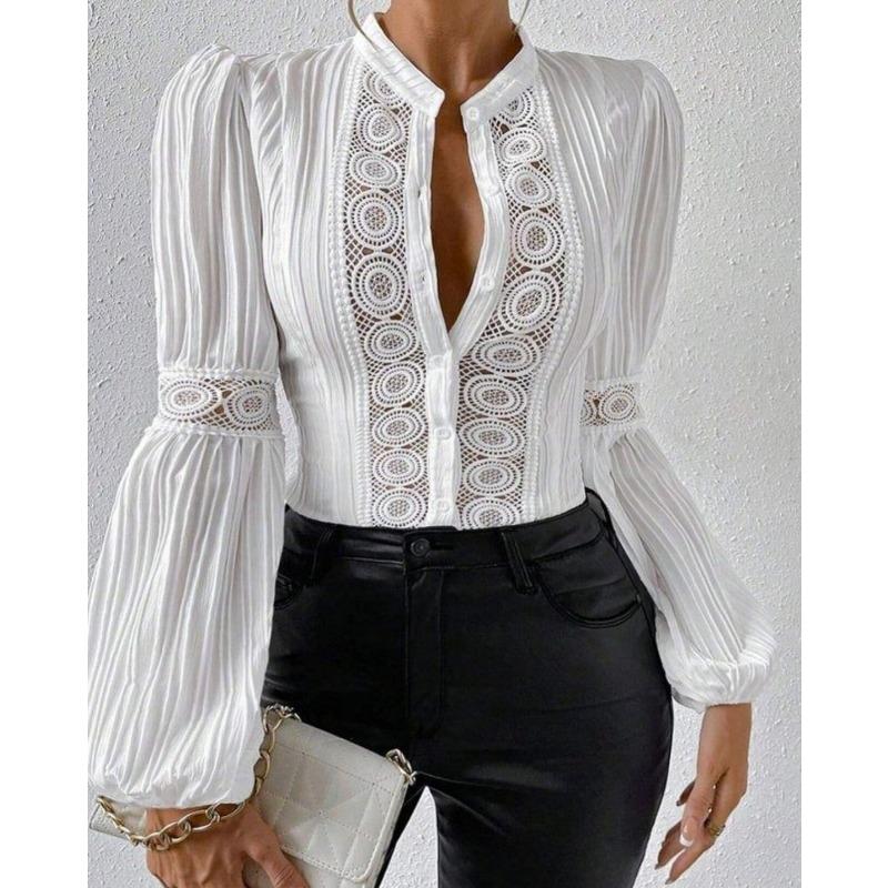 Plus Size Shirts Women Elegant Tops Fashion Lace Patchwork Lantern Sleeve Vintage Stand Hollow Out Casual Loose Blouse Women Buttons Slim Shirt 3291