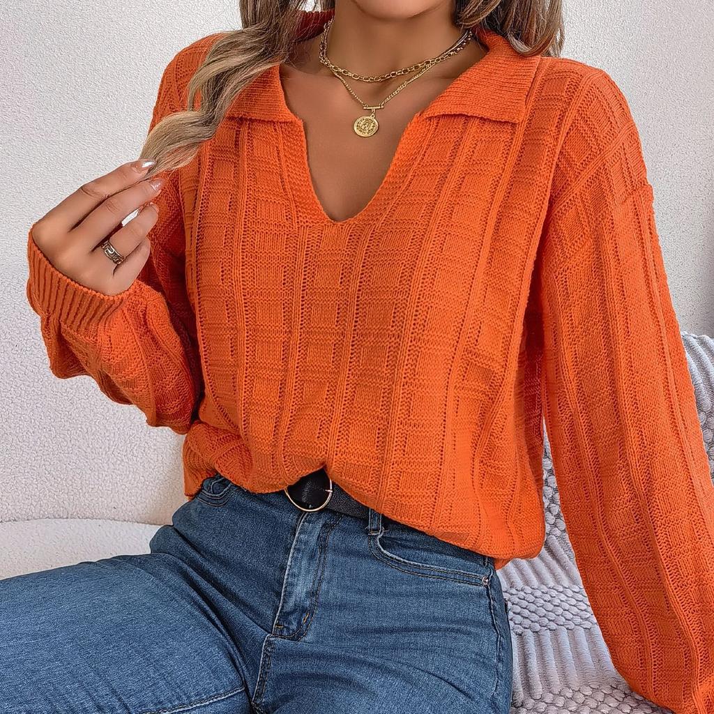 GMXIA Women's Fashion Casual Solid Color Autumn Winter Long Sleeve Lapel Loose Plaid Knit Pullover