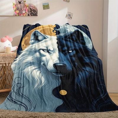 1Pc Wolf Moon Print Flannel Blanket, High Quality Comfortable for All Seasons, Home Decor, Warmth and Comfort, Perfect for Christmas Gifts13
