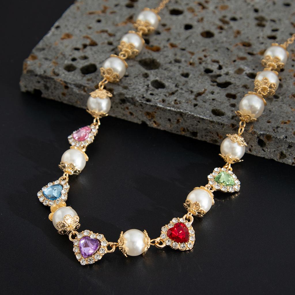 Hip-Hop Colorful Diamond Heart Pearl Splicing Necklace for Men Fashionable Personality Men's Collarbone Chain