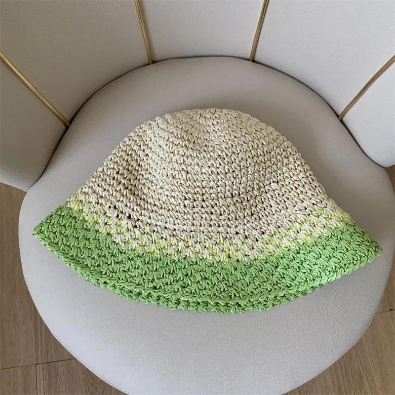 Women Spring Summer Breathable Sun Handmade Crochet Contrast Stripe Fresh Colors Paper Bucket Straw Hat