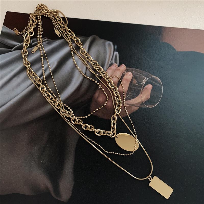 Fashion Multi-Layered Chain Necklace for Women Vintage Gold Color Stainless Steel Rectangle Pendant Necklace Party Jewelry