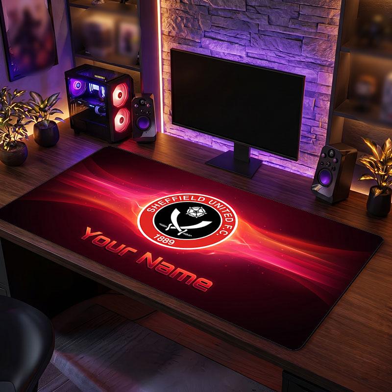 Sheffield United FC Custom Large Mouse Pad, Personalized Name Text Print, Football Logo Non‑Slip Desk Mat Gaming Gift